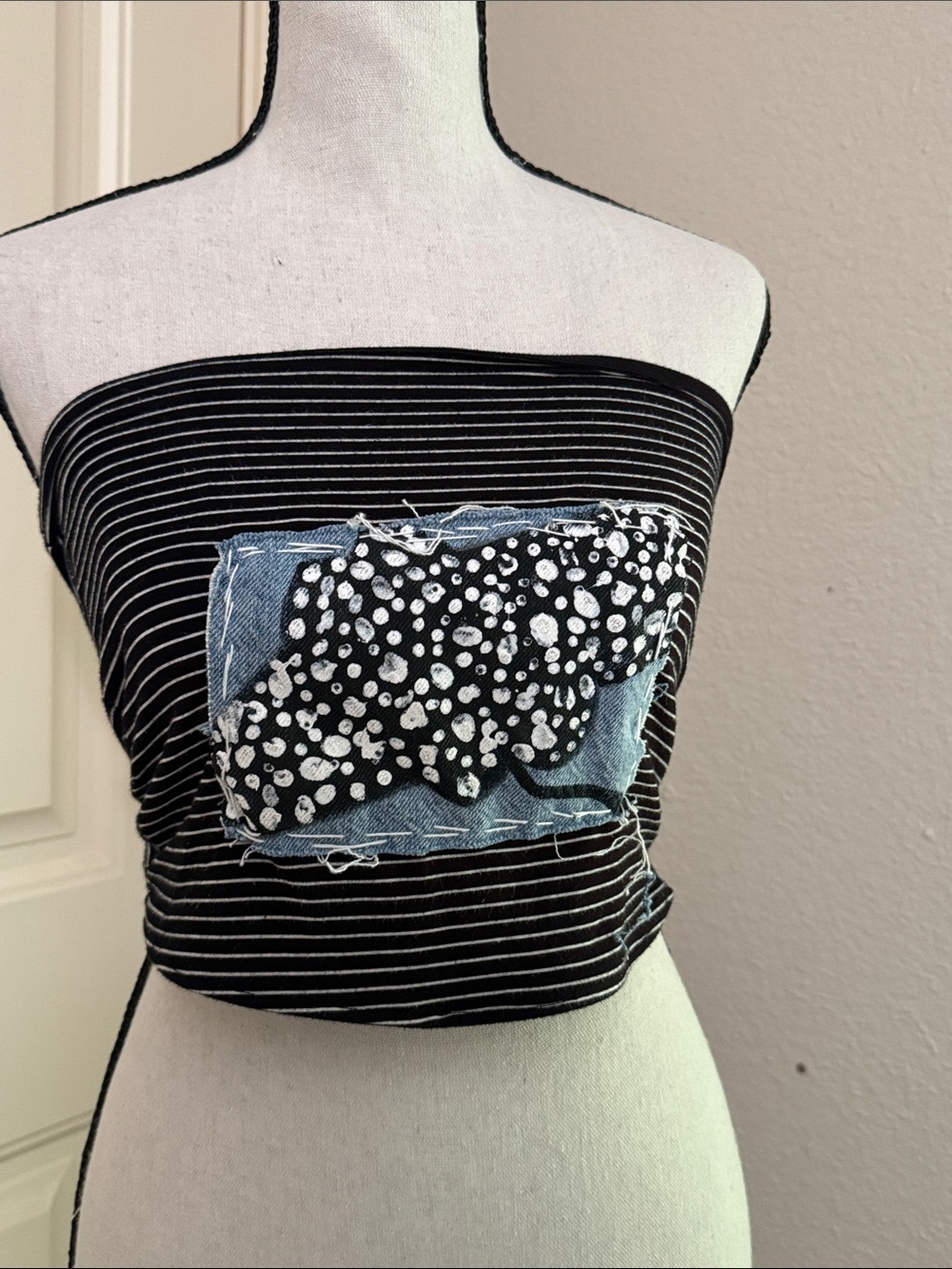 American Eagle Outfitters Black & White Striped Tube Top with Denim Patch